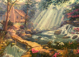 "A Path Well Chosen" Log cabin landscape by artist Randy McGovern