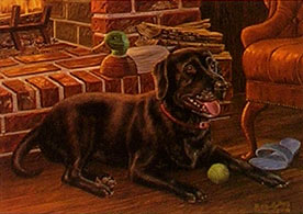 "A Warm Fire, A Ball And Thee" - Black Lab by Wildlife Artist Randy McGovern