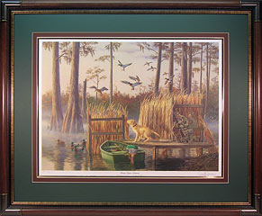 "Santee Cypress Memories" - Mallards and Yellow Lab Duck Blind by artist Randy McGovern