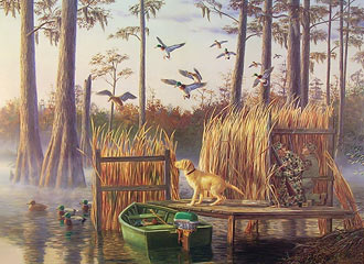 "Santee Cypress Memories" - Mallard Ducks + Yellow Labrador Retriever by Wildlife Artist Randy McGovern